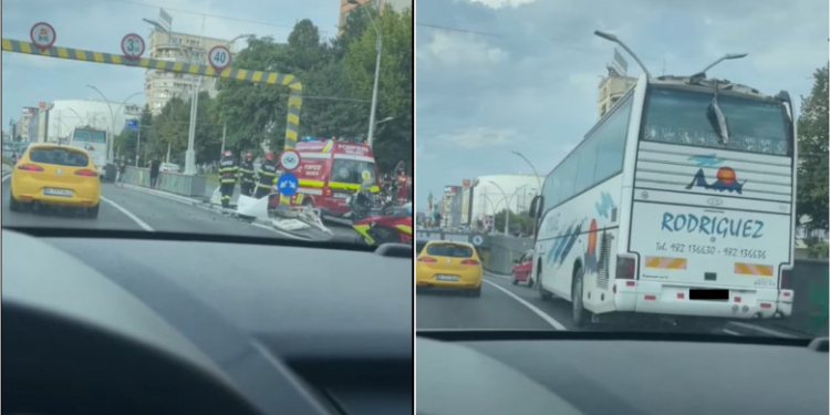 Al patrulea incident în Pasajul Unirii. Un autocar a lovit limitatorul de înălțime și mai multe bucăți au căzut pe o mașină