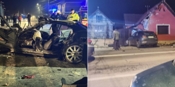 Cu BMW-ul pe acoperișul unei case din Alba. 4 tineri au scăpat cu viață ca prin minune. Primele imagini surprinse imediat după accident