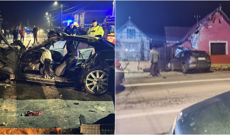 Cu BMW-ul pe acoperișul unei case din Alba. 4 tineri au scăpat cu viață ca prin minune. Primele imagini surprinse imediat după accident