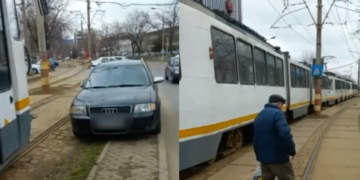 Coadă de tramvaie în București, după ce un șofer și-a lăsat mașina chiar pe linie, pe avarii
