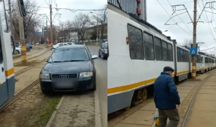 Coadă de tramvaie în București, după ce un șofer și-a lăsat mașina chiar pe linie, pe avarii