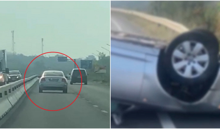 Momentul în care un tânăr fără permis, care era urmărit de poliție, s-a răsturnat cu mașina pe șosea